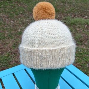 Hand Knit Mohair Alpaca Blend Beanie Hat with Faux Fur Pom Pom Topper